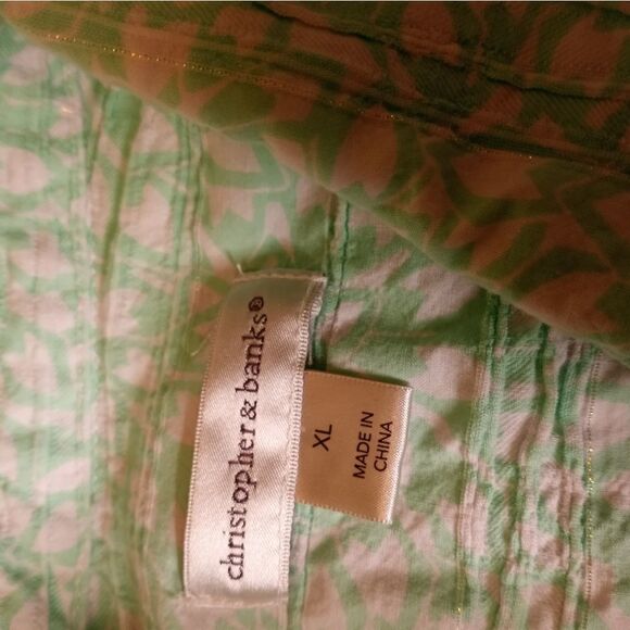 Christopher & Banks Women's Shirt XL Button Up Pockets Print Green White - Picture 2 of 8